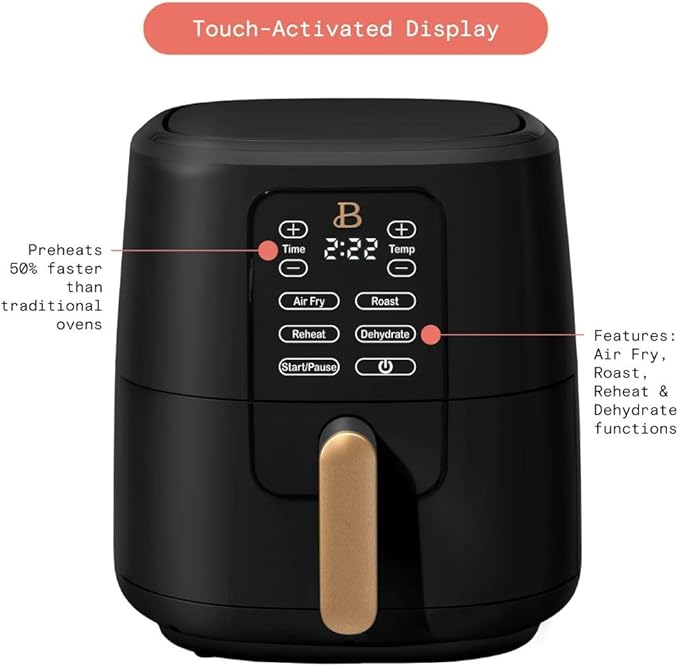 Beautiful by Drew Barrymore 6-Quart Digital Air Fryer, TurboCrisp Technology, Touch-Activated Display, 1750W, 90–400°F, Dishwasher-Safe Basket (BLACK SESAME)
