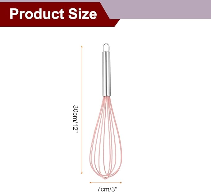 HARFINGTON 5Pcs Silicone Whisk 12" Kitchen Whisk Wire Whisks Beater with Stainless Steel Handle for Egg Milk Whisking Blending Beating & Stirring, Pink