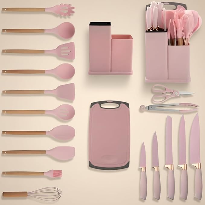 19-Piece Pink Kitchen Utensils Set - Silicone Cooking Utensils, Non-Toxic Spatula Set, Kitchen Tools, Cutting Board, Pink cooking utensils set