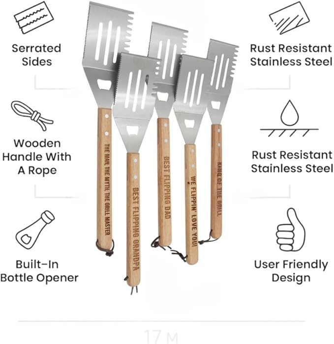 Grill Spatula for Kitchen, Stainless Steel BBQ Scraper, Customized Flat Top Flipper With Wooden Handle-THE MAN. THE MYTH. THE GRILL MASTER.