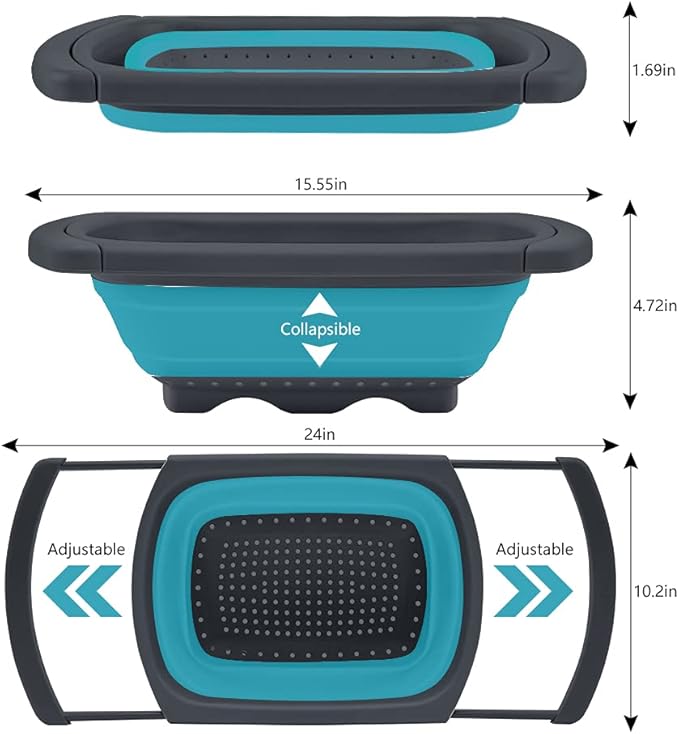 QiMH Collapsible Colanders Set of 3, 4 Quart Colander, 4 Quart Folding Basin, and 6 Quart(1.5 gal) Over the Sink Extendable Colander, Space-saving Silicone Kitchen Foldable Food Strainer