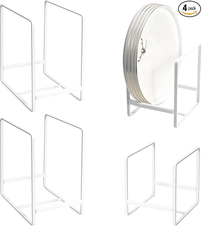 Plate Holders Organizer for Kitchen Cabinet Counter Cupboard, 4Pcs Metal Dish Storage Drying Display Rack, Upright Stand for Storing Pans Lids Dish Trays (2 Small and 2 Large, White)