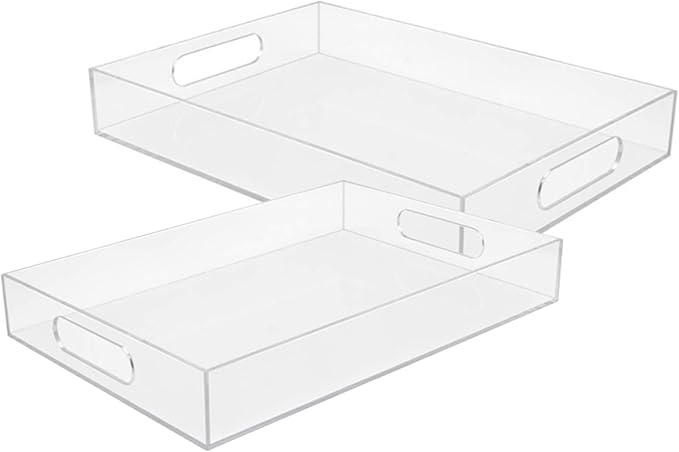 2 Pcs Clear Acrylic Serving Tray, 16" x 12",15.2" x 11.2" Plastic Tray with Handles Clear Decorative Lucite Tray for Food, Tea, Snacks, Kitchen, Fruit