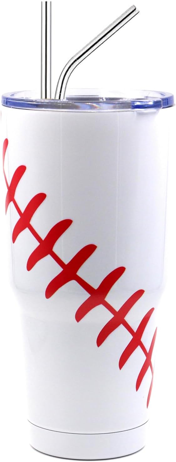 FMYWZS 30 oz Baseball Tumbler, Double Wall Vacuum Insulated Stainless Steel Cup Travel Mug with Lid and Straw, Baseball Accessories Stuff Gifts for Mom Men Boys Girls