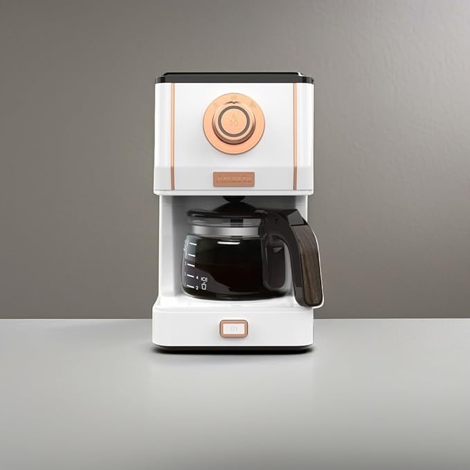 Amaste Retro Style Coffee Machine with 25 Oz Glass Coffee Pot, Reusable Coffee Filter & Three Brewing Modes, 30minute-warm-keeping, Elegant White with Rose Gold