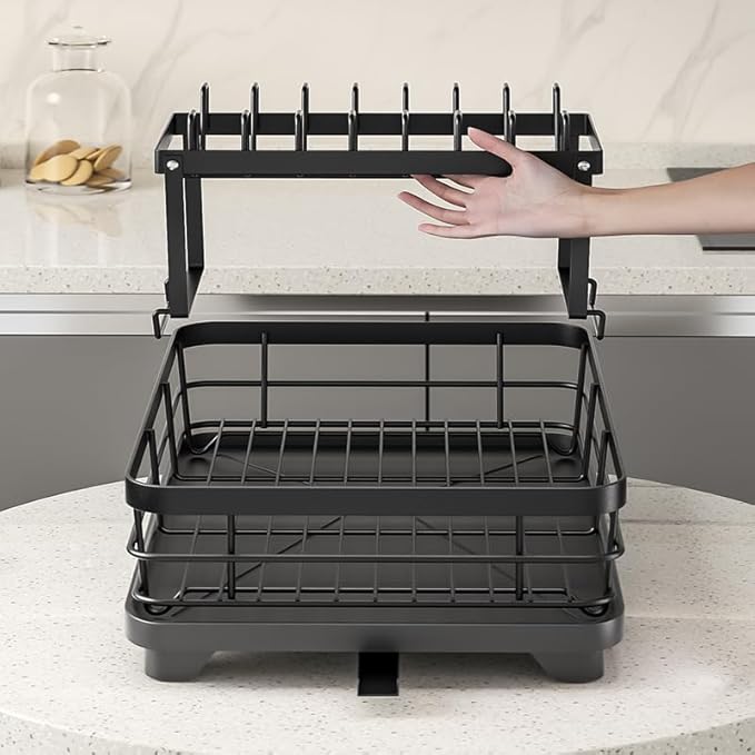 2-Tier Large Dish Drying Rack, Black Kitchen Counter Organizer with Detachable Design, Utensil Holder, Drainer for Plates, Bowls and Glassware