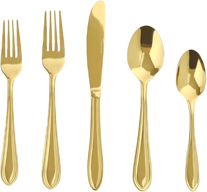 Gold Silverware Set, 40 Piece Flatware Cutlery Set for 8,18/0 Stainless Steel Utensils,Mirror Polished Modern Tableware for Home & Kitchen Dining Wedding, Party