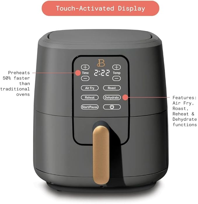 Beautiful by Drew Barrymore 6-Quart Digital Air Fryer, TurboCrisp Technology, Touch-Activated Display, 1750W, 90–400°F, Dishwasher-Safe Basket (OYSTER GREY)