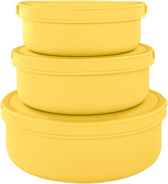 Silicone Food Storage Containers Bowl, Set of 3 Reusable Silicone Bento Lunch Box Containers with Lids (17oz, 25oz, 42oz) Dishwasher, Microwave and Freezer Safe (Bright Yellow)