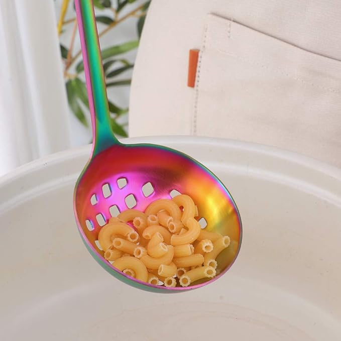 Buyer Star 2 Pcs Soup Ladle Colander, Rainbow Cookware Serving Long Handle Steel Slotted Spoon Cooking Utensil Set for Hotpot