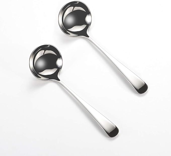 Small Soup Ladles,Sauce Gravy Soup Spoon Ladles,2 Pack SUS 304 Non-magnetic Stainless Steel 7.6" Round (Color:Silver).