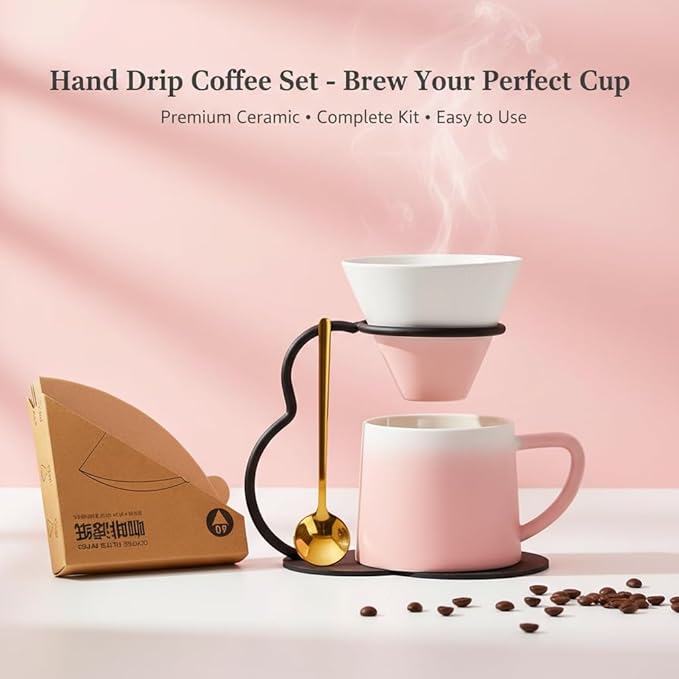 Pour Over Coffee Maker set,Ceramic Coffee Maker With V60 40 pcs Paper Filter，Metal Stand 9oz 270ml mug Pour Over Coffee Dripper Pink