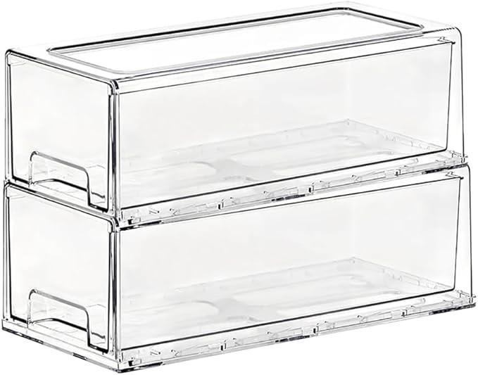 SIMPEXPE Stackable Storage Drawer, Pull Out Plastic Food Fridge Organizer Bins for Pantry Shelf Refrigerator Organization Kitchen Bathroom Cabinet Closet Office Clear -2Pack