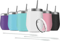 6 Pack 12 oz Stainless Steel Wine Tumbler with Lids, Double Wall Vacuum Insulated Travel Cup Including 6 Straws Set for Coffee, Cocktail, Drink, Tea and Beer (Assorted Colors)