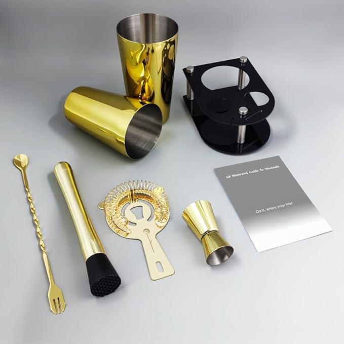 5 Piece Cocktail Shaker Bartender Kit: 750/600ml(25/20oz) Cocktail Shaker Set with Stand, Drink Mixing Includes Martini Shaker,Strainer,Jigger,Bar Mixer Spoon,Muddler Bar Tool Set (Gold)