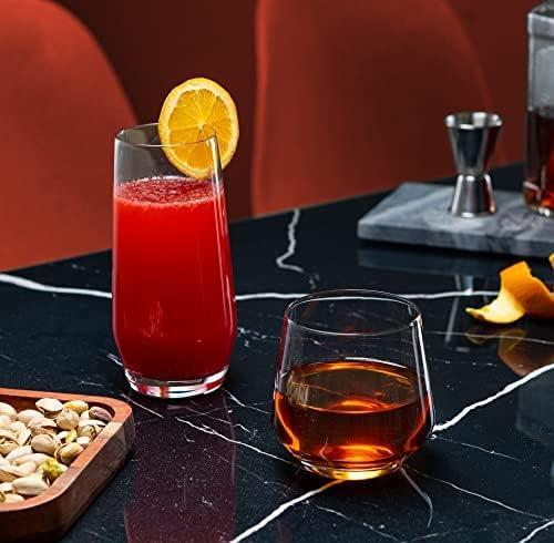 Everyday Drinking Glasses Set of 8-4 Tall Highball Glass Cups & 4 Short Dof Drinking Glass, Kitchen Glasses for Cocktail, Iced Coffee, Beer, Ice Tea, Wine, Whiskey, Water, & Drinkware.