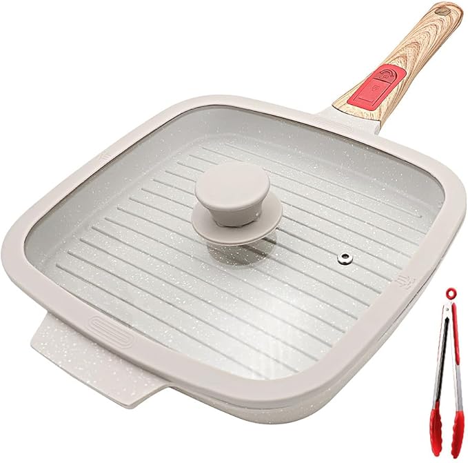 Griddle Pan with Lid, 10 Inch Cast Aluminium Non Stick Steak Pan with Detachable Handle for Induction Hob, White