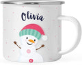 Andaz Press Personalized Name 11oz. Kids Christmas Hot Chocolate Stainless Steel Campfire Coffee Mug, Charming Snowman Pink Aqua Hat Hello, 1-Pack, Custom Birthday Xmas Cup Kids Hot Chocolate Mug