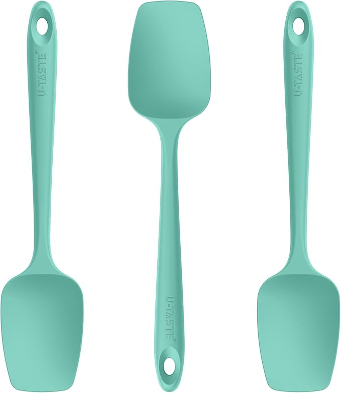 U-Taste Silicone Spoon Spatula Set: 480ºF Heat Resistant Food Grade Flexible Rubber Spoonula, Nonstick Cooking Mixing Scooping Kitchen Baking Scraper Utensils Set of 3 for Pan, Pot, Bowl (Aqua Sky)