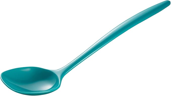Hutzler 6-piece Melamine Cooking Utensils Set, Includes a 12-inch Long Slotted Spoon, Solid Spoon, Mixing Spoon, Slotted Turner, Soup Ladle, and Storage Crock, Turquoise