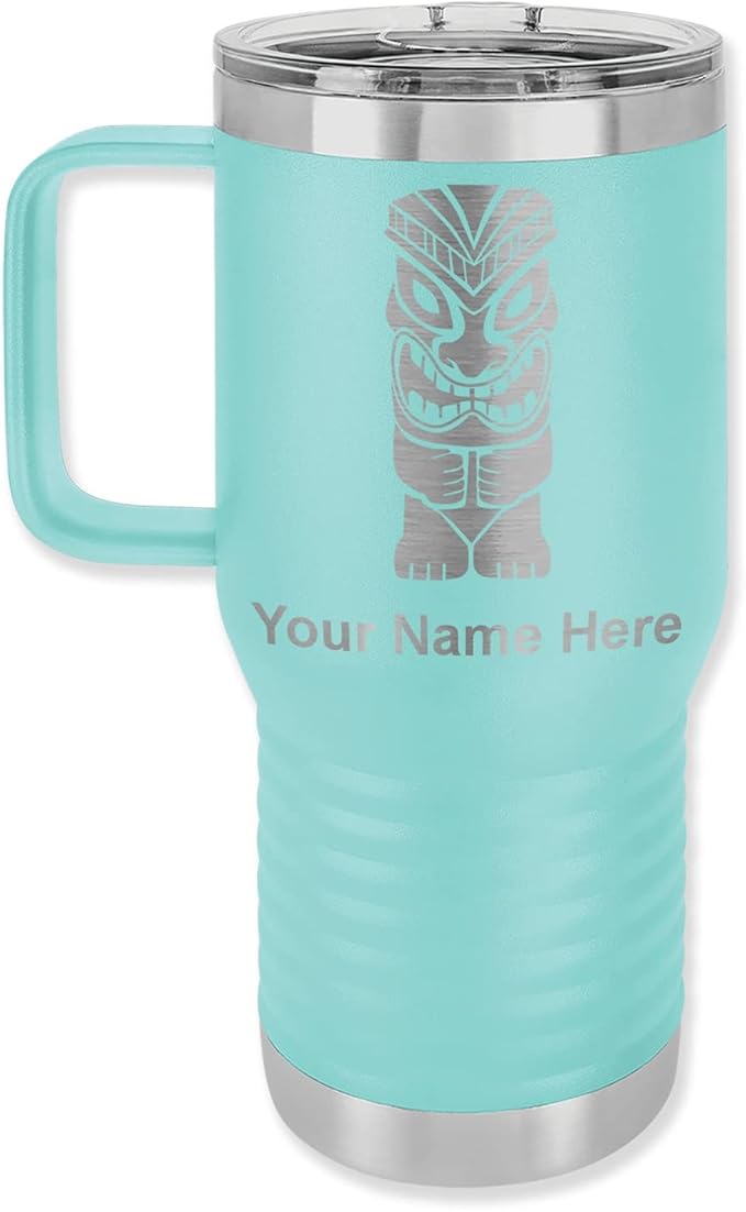 LaserGram 20oz Vacuum Insulated Travel Mug with Handle, Tiki Statue, Personalized Engraving Included (Teal)