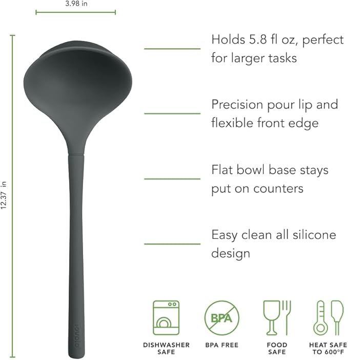 Tovolo Flex Core Silicone Ladle BPA Free Charcoal Gray Deep Silicone Soup Ladle, Heat Resistant All Silicone Ladle Construction, Large Dishwasher Soup Ladle Kitchen Utensil for Cooking