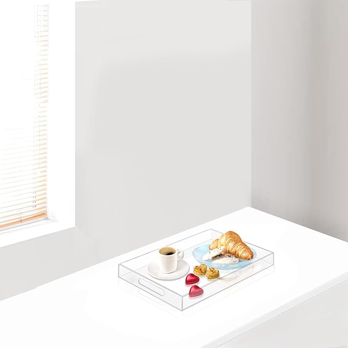 SetGame Acrylic Serving Tray with Handles, Bathroom Desktop Decorative Storage Arylic Trays, Simple Vanity Tray Food Tea Fruit Dinner Snack Tray for Bar Kitchen Party