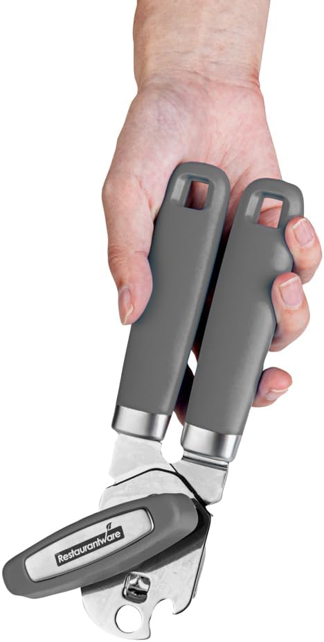 Restaurantware Comfy Grip 7.6 x 1.9 x 2.1 Inch Can Opener 1 Durable Manual Can Opener - Sharp Wheel Blade Grip Handle Gray Stainless Steel Hand-Held Can Opener Built-In Bottle Opener
