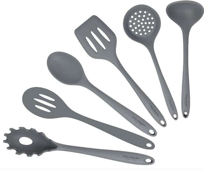 Culinary Couture Grey Silicone Kitchen Utensils Set of 6, Non-Stick Heat-Resistant Silicone Kitchen Utensils Set with Steel Inner Core