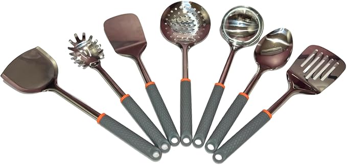 7-Piece Kitchen Utensil Set for Non-Stick Cookware - Stainless Steel with Silicone, Heat Resistant, Easy Grip, Gray & Orange
