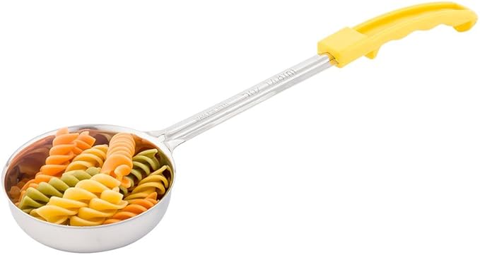 Restaurantware Met Lux 5 Ounce Portion Ladle 1 Perforated Portion Serving Spoon - Yellow Handle Dishwashable Stainless Steel Slotted Serving Utensil Multipurpose For Serving Pasta
