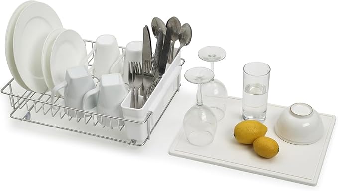 SunnyPoint 304 Stainless Steel Dish Drying Rack with Diatomaceous Earth Drainboard & Removable Utensil Caddy – Rust Resistant Countertop Dish Rack for Kitchen (Silvery-Grey)