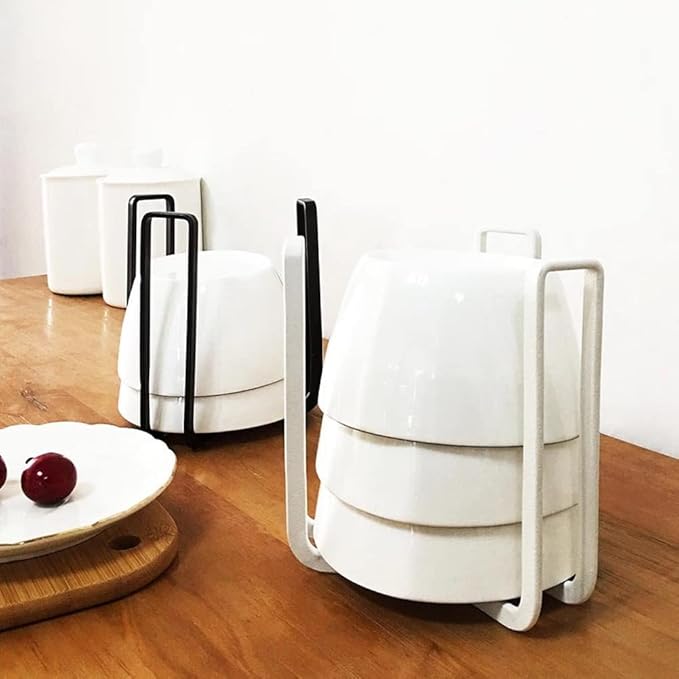 Dinnerware Bowl Plate Holder Fit for 6.5 Inches Diameters Bowl, Metal Bowl Storage Dying Display Rack for Kitchen Drawer, Countertop, Cabinet, Shelf, Cupboard (White, Small 2PCS+Large 2PCS)
