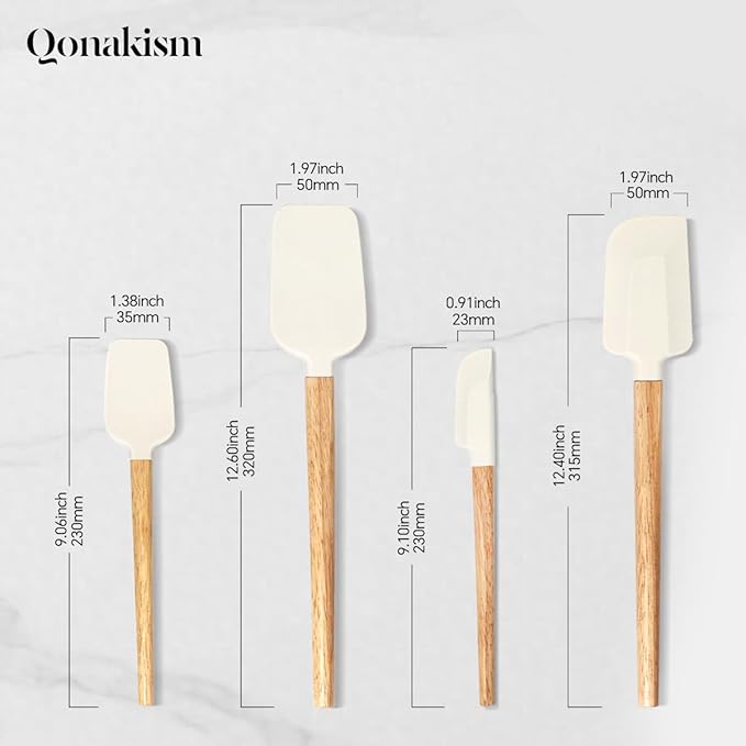 Silicone Spatula Set, 4 Piece Food Grade Rubber Spatula Nonstick Off-White Wooden Spatula, Spoonula, Jar Scraper for Cooking, Baking, Mixing, Frosting - Heat Resistant Up to 600°F（Dishwasher Safe ）