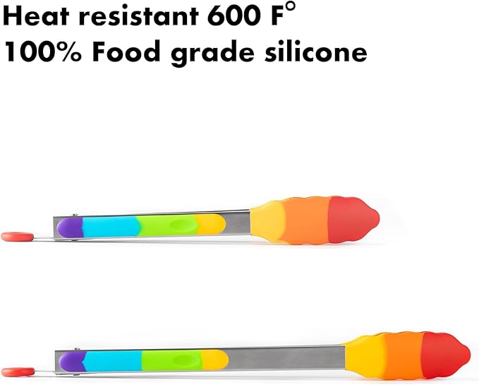 Rainbow Silicone Tongs for Cooking, Heat Resistant Kitchen Tongs for Salad, Grilling, Cooking, 304 Stainless Steel Locking and BPA Free Silicone Tips Set of 2, 9 and 12 Inch
