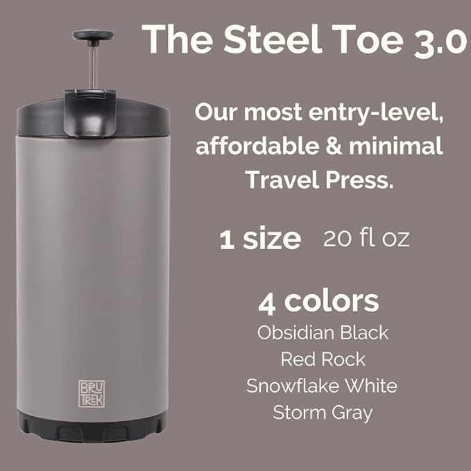 BruTrek Steel Toe 3.0 Travel Coffee Press - Brew 20 fl.oz On The Go - No Spill Lid, Double Wall Vacuum Insulated Stays Hot for Hours, French Press Coffee (Storm Gray)