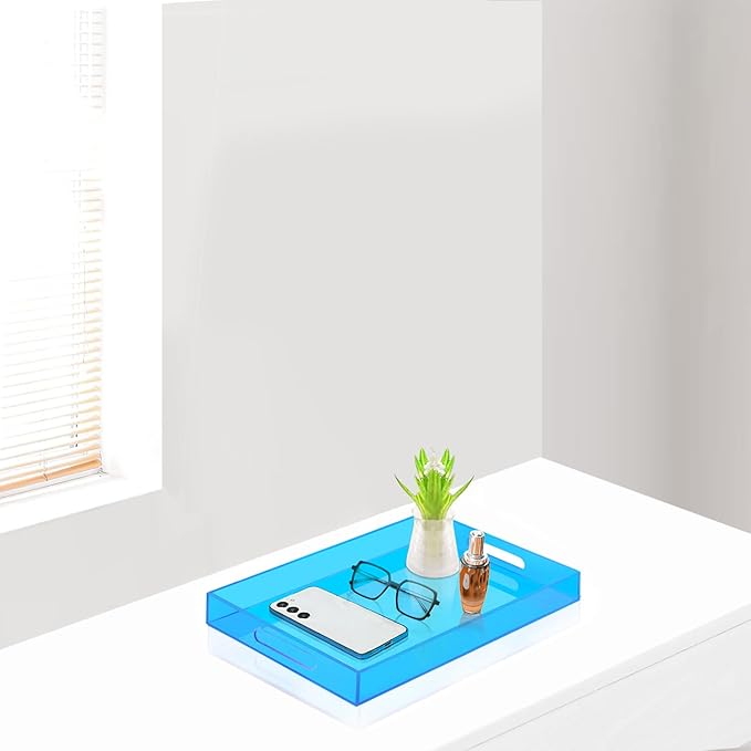 SetGame Acrylic Serving Tray with Handles, Bathroom Desktop Decorative Storage Arylic Trays, Simple Vanity Tray Food Tea Fruit Dinner Snack Tray for Bar Kitchen Party