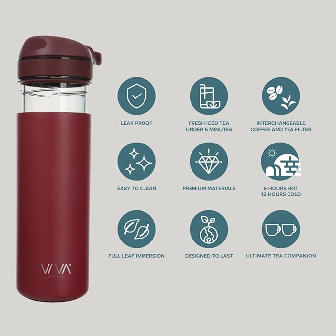 VIVA Recharge Cranberry Red Insulated Tea & Coffee Mug & Travel French Press Coffee Maker, 16 oz, Brew & Drink From the Same Coffee Mug On the Go or Camping