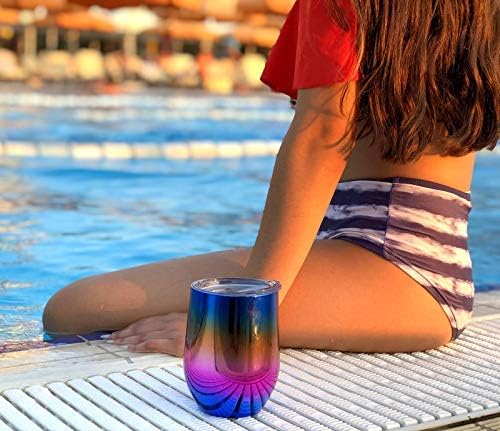CHILLOUT LIFE 12 oz Stainless Steel Wine Tumbler with Lid - Double Wall Vacuum Insulated Wine Cup Glass Keeping Cold & Hot for Coffee, Champagne, Cocktails, Ice Cream - Colorful Rainbow
