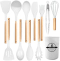 12 Pcs Kitchen Utensils Set, 446°F Heat Resistant Silicone Cooking Utensils Set, Non-Toxic Wooden Utensil Set, Kitchen Gadgets Tools Set for Nonstick Cookware, Kitchen Accessories, White
