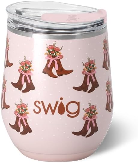 Swig Life 12oz Wine Tumbler with Lid, Stainless Steel, Dishwasher Safe, Portable, Triple Insulated Wine Tumbler (Cowgirl Coquette)