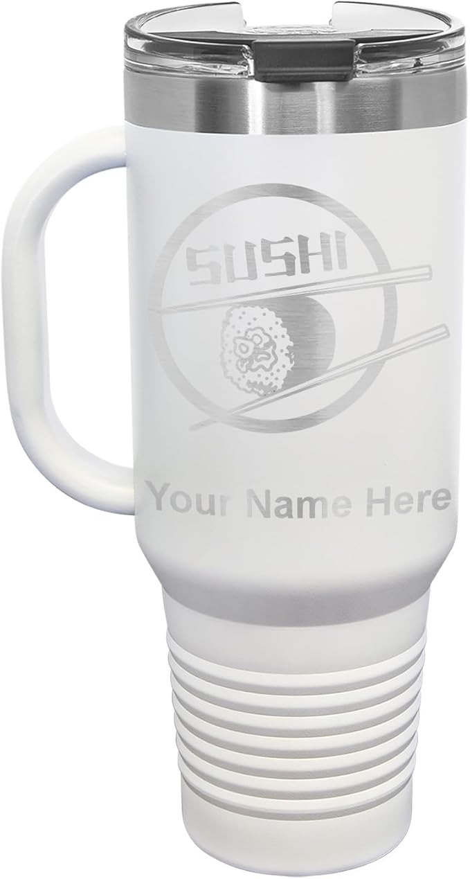 LaserGram 40oz Vacuum Insulated Travel Mug with Handle, Sushi, Personalized Engraving Included (White)