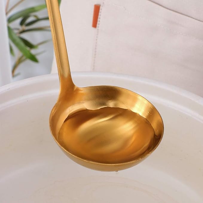 Buyer Star 2 Pcs Soup Ladle Colander, Gold Black Cookware Serving Long Handle Steel Slotted Spoon Cooking Utensil Set for Hotpot