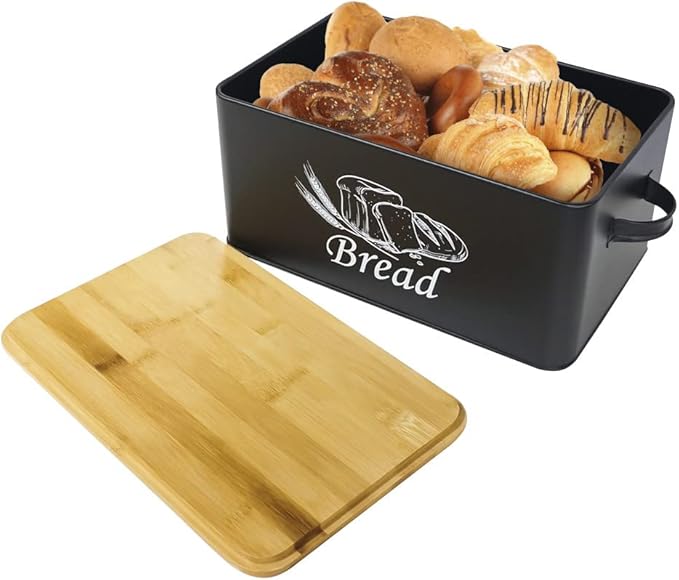 SOTECH Bread Box for Kitchen Countertop Metal BreadBox with Cutting Board Bamboo lid Black Bread Bin Farmhouse Food Storage Container Holder