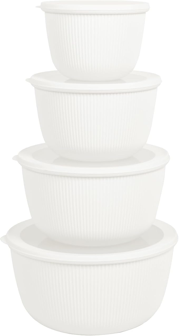 BoxedHome Mixing Bowls with Lids Set, 4 Packs BPA-Free Plastic Prep Bowls for Kitchen, Dishwasher & Microwave Safe, Large Capacity, Beige