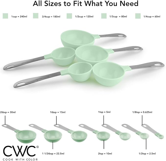 COOK WITH COLOR Measuring Cups Set and Measuring Spoon Set, Stainless Steel Handles, Nesting Kitchen Measuring Set, Liquid Measuring Cup Set, 12 PC Stainless Steel, Mint