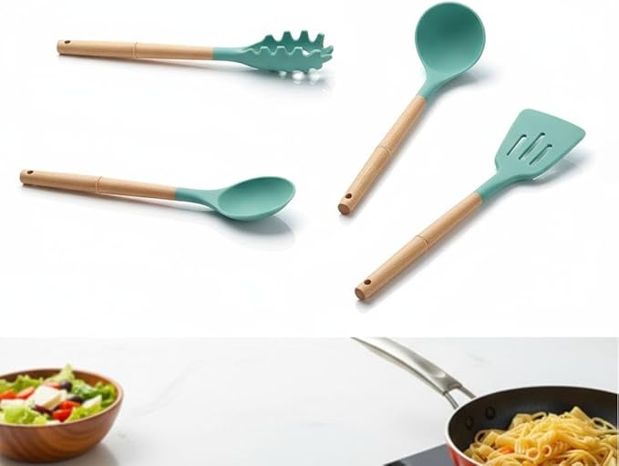 Silicone Cooking Spoons, 4-Piece Nonstick Utensil Set with Acacia Wood Handles - Heat-Resistant for Frying, Serving & Turning Spatula
