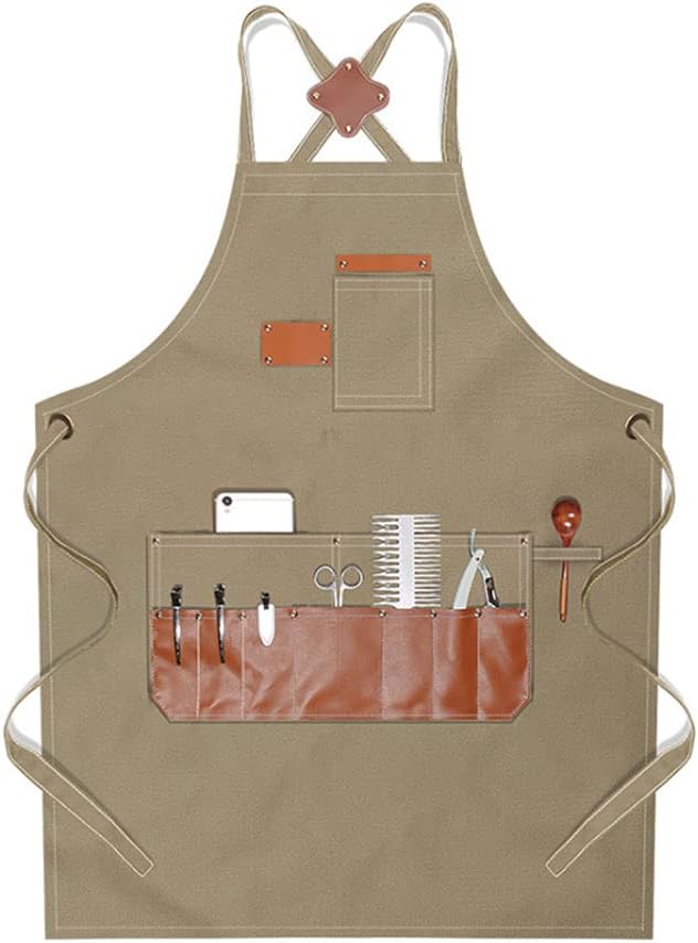boshiho Barber Shop Apron with Pockets Arist Painting Beauty Salon Aprons for Women/Men Utility Work Apron (Canvas Khaki)