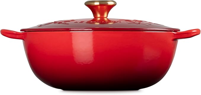 Le Creuset Enameled Cast Iron Holly Collection Soup Pot, 4.5 qt., Cerise with Gold Knob