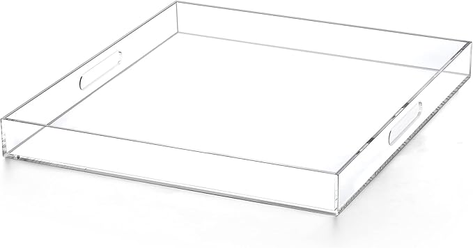 Clear Acrylic Ottoman Tray with Cutout Handles 20x20 Inch Over Sized Serving Tray, Organizer Rubber Boot Tray Decorative for Living Room Bedroom,Bathroom and Entryway Kitchen Tabletop